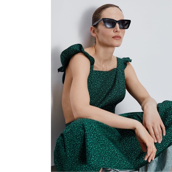 Zara Green Floral Midi Dress Ruffle Strap Square Neck Cottagecore Size S - Picture 14 of 16